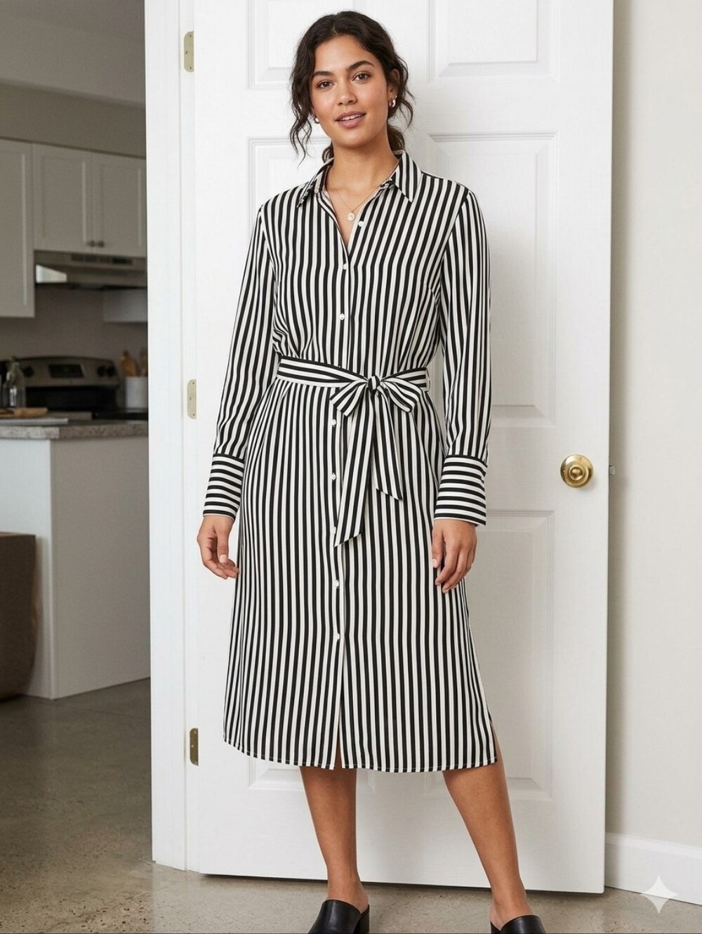 H&M Black and White Vertical Stripe Midi Shirt Dress with Waist Tie